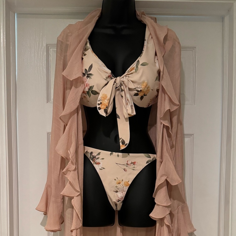 Lulus Power 2 the Flower Raquel Blush Tie-Front bikini set and matching coverup